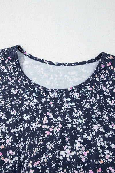 Women's Stylish Blue Floral Color Block Blouse with Ruffled Hem - Comfortable Round Neck Top for Every Occasion