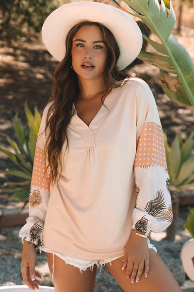 Tropical Palm Print Puff Sleeve V-Neck Blouse for Women Loose-Fit, Stylish Patchwork in Jet Stream Colors