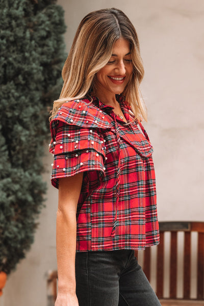 women's pearl-embellished red plaid ruffle sleeve blouse made for easy styling and wardrobe coordination, with premium-like structure and finish. with