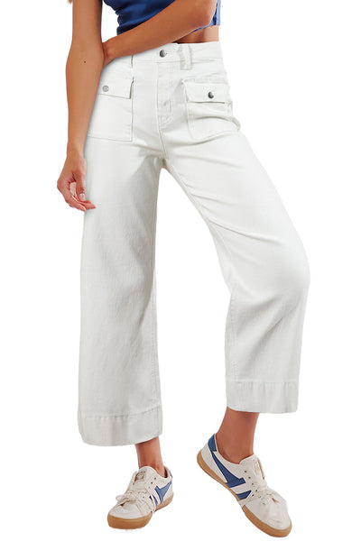 Women's High-Waist White Straight-Leg Cropped Cargo Jeans