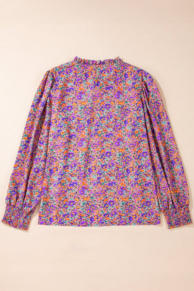 Elegant Women's Purple Floral Blouse with Frilled Neckline & Shirred Cuffs - Perfect for Casual or Formal Occasions