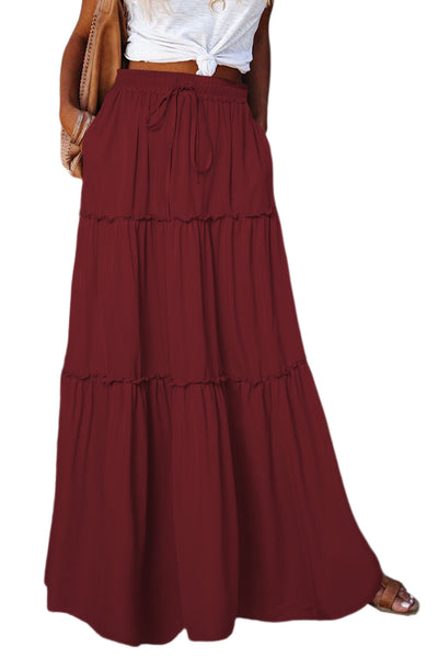 Women's Deep Crimson Tiered Maxi Skirt with Drawstring Waist
