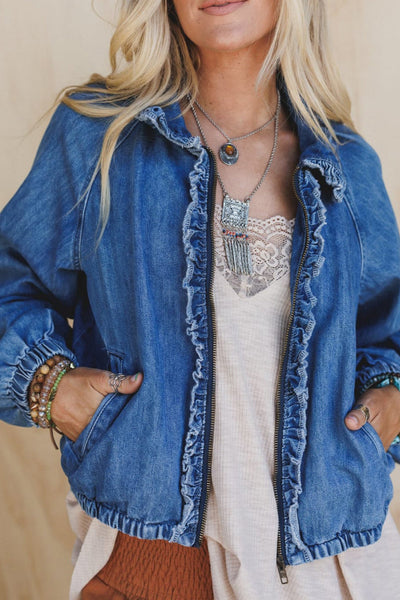 Stylish Women's Real Teal Denim Jacket with Frilled Trim, Zip-Up Closure, and Elastic Cuffs for a Casual Chic Look