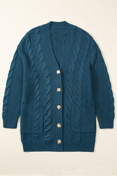 Cozy Women's Peacock Blue Cable Knit Cardigan with Button Front & Pockets - Chic Baggy Style for Casual Looks