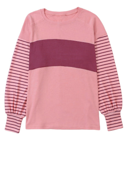 Peach Blossom Striped Bishop Sleeve Patchwork Top with Color Block