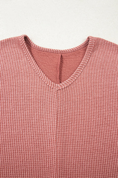 Chic Mineral Red V-Neck Tunic Top for Women - Stylish Loose Fit with Side Slits for Effortless Everyday Elegance