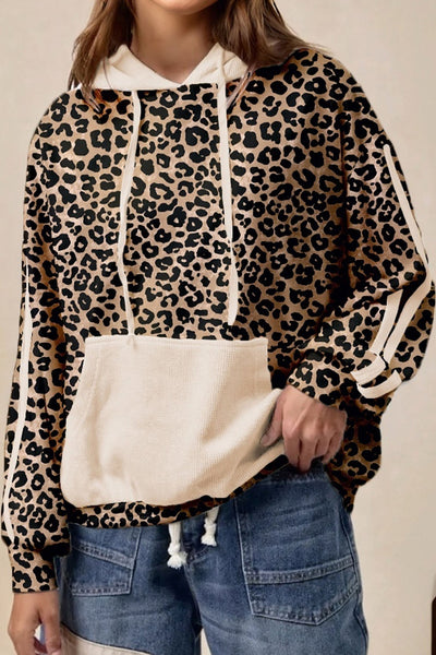 Women's Leopard Print Waffle Knit Hoodie with Kangaroo Pocket