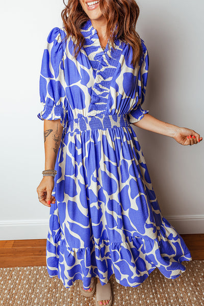 Women's Blue Abstract Smocked Maxi Dress with Puff Sleeves