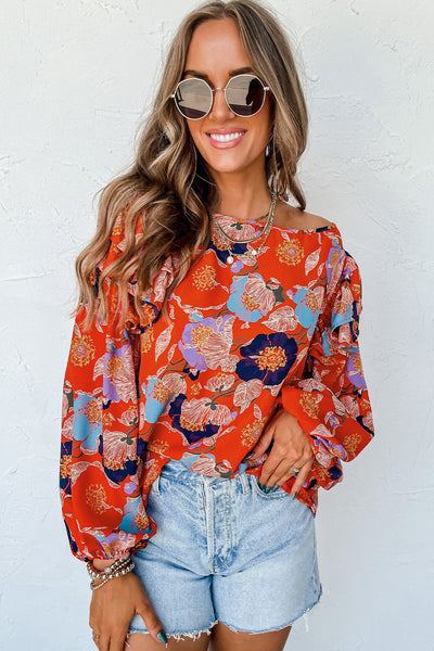 Women's Fiery Red Floral Ruffle Puff Sleeve Blouse - Chic Summer Top with Feminine Fit and Eye-Catching Design