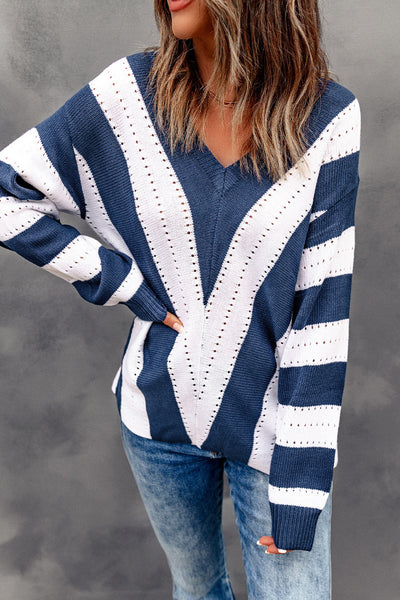 Cozy Women's Blue Striped Colorblock V-Neck Knit Sweater Perfect for Casual Chic Looks and Everyday Comfort