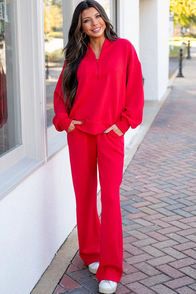 women's fiery red athleisure set - stylish quarter-zip pullover and drawstring sweatpants for ultimate comfort made for easy styling and wardrobe with