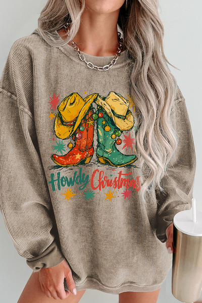 Women's Textured Khaki Howdy Christmas Western Graphic Sweatshirt