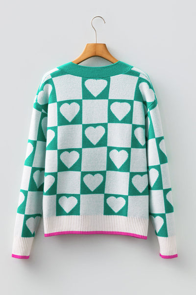 Women's Sea Green Heart Intarsia Checkerboard Knit Cardigan