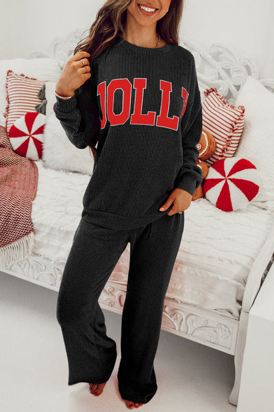 Women's Black JOLLY Long Sleeve Top with Pocketed Pants Set - Chic & Comfy Casual Outfit for Effortless Style