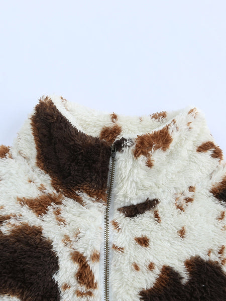 Women's Cow Print Zip Collar Fleece Sweatshirt