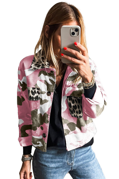 Trendy Women's Pink Camo Leopard Patchwork Crop Jacket with Flap Pockets Casual Stylish Outerwear for Unique Fashion made for easy styling and
