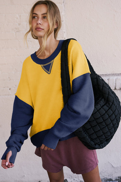 Women's Yellow Color Block Sweatshirt with Thumbhole Sleeves and Drop Shoulder for a Stylish, Comfortable Fit