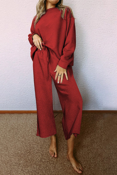 Women's Red Dahlia Ultra Loose Slouchy Lounge Set - Cozy 2-Piece Textured Outfit for Effortless Casual Style
