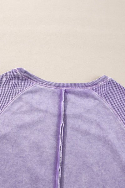 Women's Cozy Orchid Petal Waffle Knit Patchwork Raglan Sweatshirt - Casual Chic Top for Effortless Everyday Style