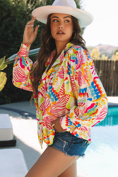 Trendy Women's Orange Oversized High-Low Shirt with Abstract Print - Comfortable Fashion for Everyday Style
