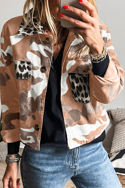 Trendy Women's Orange Camo Leopard Print Crop Jacket with Flap Pockets Stylish Casual Outerwear for Effortless Chic