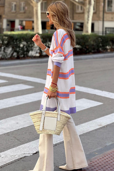 Stylish Women's Beige Striped Long Sleeve Cardigan with Ribbed Trim and Button Details for Effortless Everyday Elegance