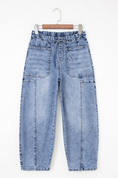 High-Waisted Cotton Blend Barrel Jeans in Medium Blue with practical styling and dependable silhouette control.