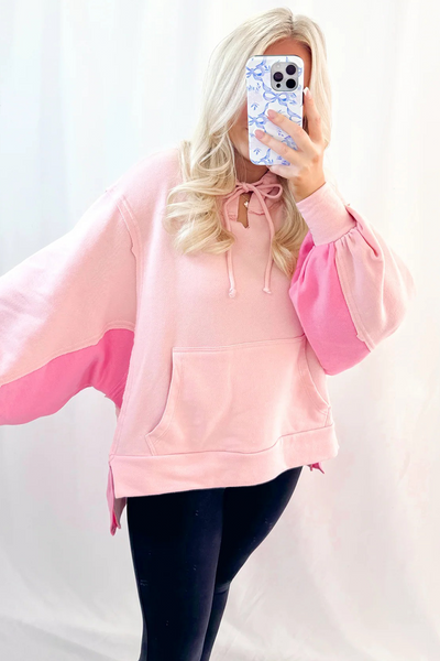Trendy Women's Light Pink Color Block Hoodie with Balloon Sleeves & Kangaroo Pocket Chic High-Low Fashion Top
