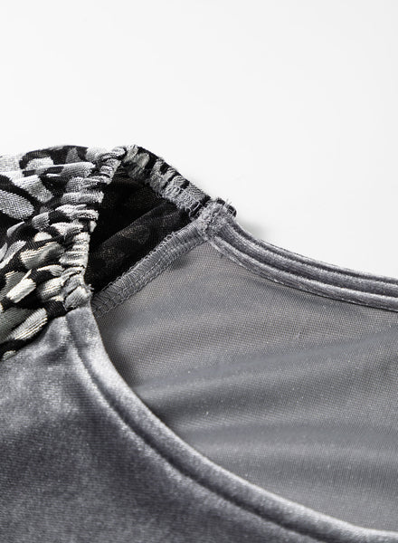 stylish women's medium grey leopard print velvet blouse with trendy lantern sleeves for a comfortable, chic look made for easy styling and wardrobe
