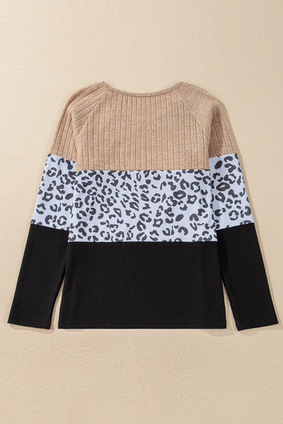 Stylish Women's Black Cheetah Print Button-Up T-Shirt with Textured Patchwork - Casual Fit Round Neck Top
