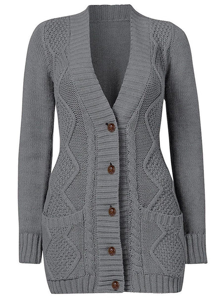Cozy Dark Gray Knit Button-Up Cardigan with Front Pockets