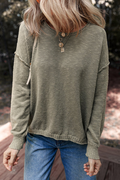 Cozy Women's Green Four Leaf Clover Drop Shoulder Sweater with Raw Hem - Perfect for Casual Everyday Wear