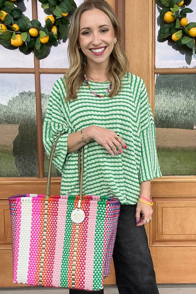 Stylish Women's Green Stripe High Low Top with Bracelet Sleeves - Comfortable Casual Everyday Wear for Effortless Style