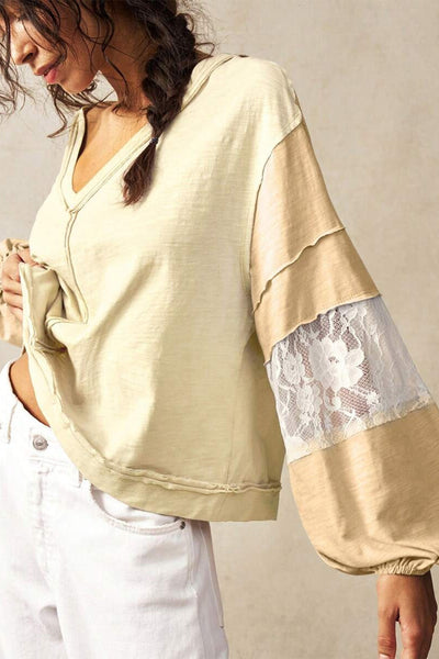 Women's Relaxed Fit Yellow and Cream Color Block V-Neck Top with Lace Patchwork Details and Exposed Seams