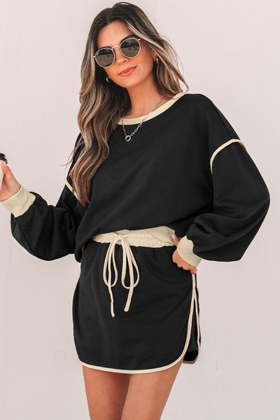 Stylish Women's Black Contrast Pullover & Lace-Up Waist Skort Set for Effortless Casual Elegance and Comfortable Fit