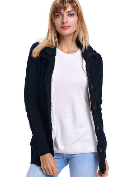 Navy Blue Cable Knit Faux Fur-Lined Hooded Sweater Coat
