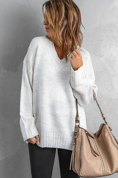 Chic Women's White V-Neck Drop Shoulder Sweater Cozy Knit for Effortless Style and All-Day Comfort
