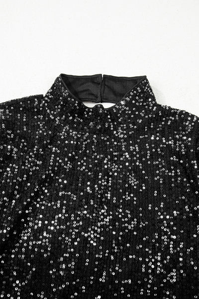 Chic Women's Black Sequin Mock Neck Top with Draped Open Back & Bell Sleeves Perfect for Elegant Evenings Out
