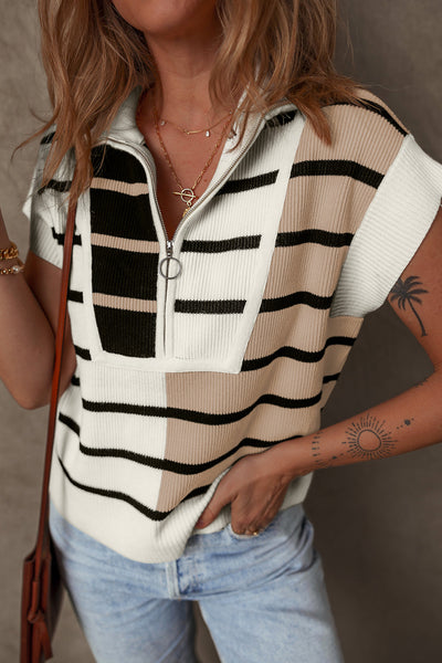 Women's Cozy Black Stripe Colorblock Quarter Zip Sweater Vest - Stylish Layering Piece for Casual Outfits