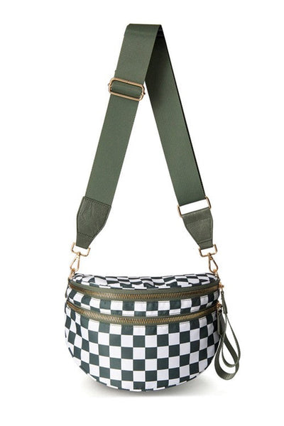 Women's Checkered Crescent Sling Bag with Wide Comfort Strap