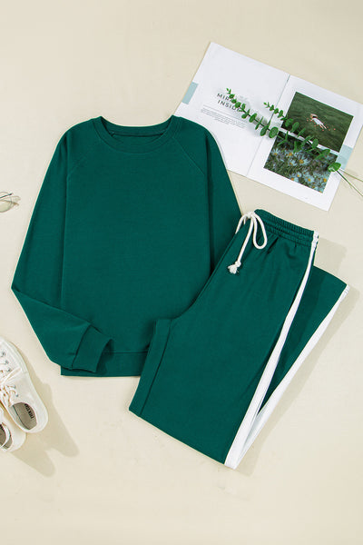 Women's Sea Green Pullover and Varsity Stripe Drawstring Pants Set - Comfy Casual Loungewear for Relaxed Style