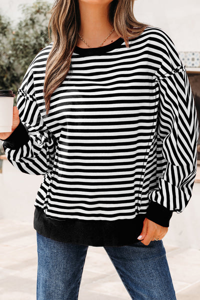 Chic Women's Black Stripe Drop Shoulder Pullover Top with Exposed Seams for Effortless Casual Style