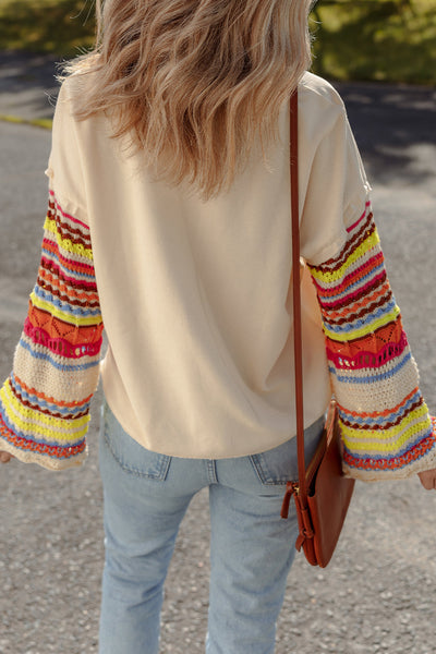 Beige Women's Casual Chic Round Neck Knit Top with Colorful Patchwork and Stylish Sleeves for Effortless Style