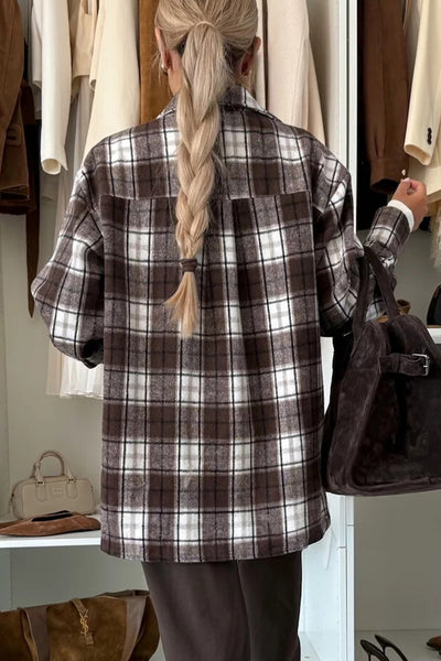 Women's Cozy Dark Brown Plaid Boyfriend Shacket with Chest Pocket - Stylish Flannel Overshirt for Effortless Casual Wear