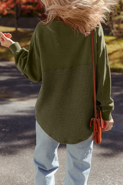 Women's Cozy Moss Green Waffle Knit Half-Zip Sweatshirt - Stylish Patchwork Design for Casual Comfort