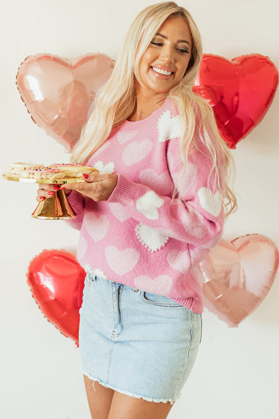 Cozy Women's Pink Heart Print Sweater with Pearl Accents - Stylish Valentine's Day Crew Neck for Effortless Charm