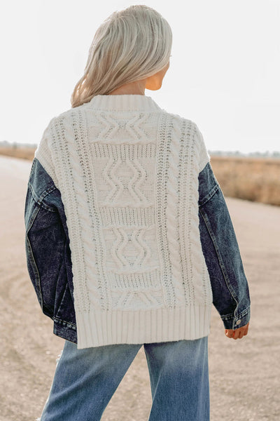 Cozy Oversized Beige Women's Chunky Knit Cardigan with Denim Patchwork for Chic Fall Fashion