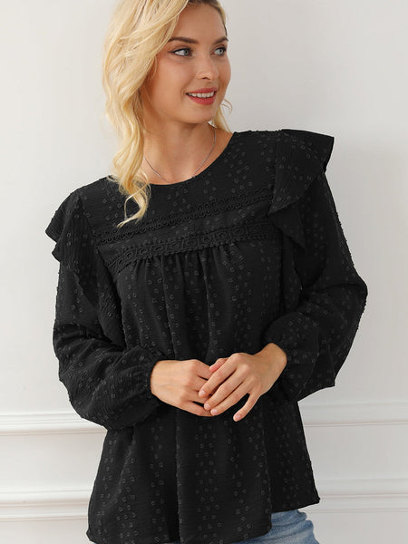 Elegant Black Lace Eyelet Ruffle Sleeve Blouse for Fall