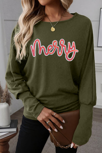 Women's Olive Sequin Merry Dolman Sleeve Top in Long Sleeve Tops