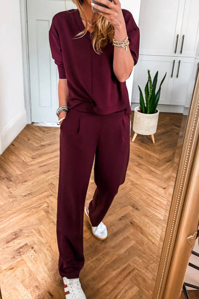 Women's Red Dahlia V-Neck Casual Tee and Pants Set - Chic, Comfortable Outfit for Effortless Everyday Style